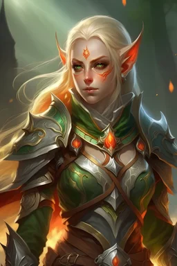 Eladrin Elf, paladin, mud on armor, dirty splint armor, drawn flame blade, elven shield on her back, blonde-light brown hair, green eyes, slightly annoyed.