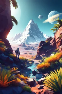 (((close midshot))), (((low poly art:2))), (astronaut), ultra-detailed illustration of an environment on a dangerous:1.2 exotic planet with plants and wild (animals:1.5), (vast open world), astroneer inspired, highest quality, no lines, no outlines candid photography. by Lekrot