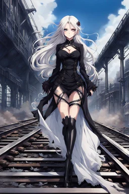 a captivating gothic anime girl, her ethereal beauty accentuated by porcelain skin and vibrant blue eyes. She stands firmly on a train track, legs wide apart, hands on hips, wearing a sleek black dress with lace details and a gun holstered on her thigh. Her flowing white hair billows in the wind as the smoky background portrays a chaotic scene of crumbling buildings and raging flames, emphasizing the imminent arrival of the train.