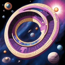 a Mobius strip that is also a starship "TAA II" is the size of a solar system and belongs to Marvel's Galactus, it is shaped like a Mobius strip, winding and looping upon itself, with Jack Kirby design elements, in space with small planets within, add color and texture