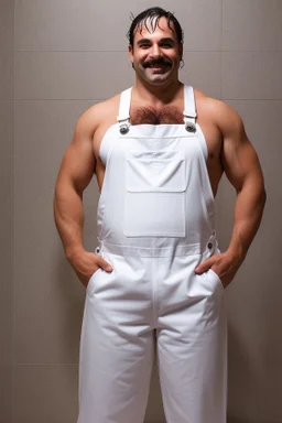 photography of a burly chubby italian plumber dressed with white overalls smiling under the shower 41 years old, bulge, manly chest