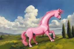 Big pink plastic toy horse.19th painting