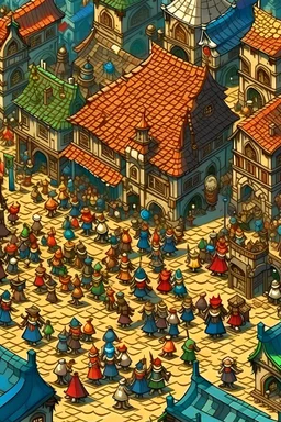 crowd of fantasy townsfolk. from above. fantasy cartoon. low fidelity art.