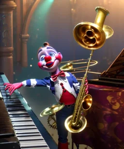 mechanoid clown playing jazz with a steampunk theme, trumpet, realistic