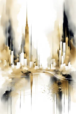 white and gold, abstract surreal beautiful modern city closeup street background, serene atmosphere, peaceful,tranquility,Sumi-e influence delicate strokes, tranquil setting, contemplative ambiance, abstract and evocative, soft yet defined details, deep rich colors, magic lighting,