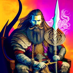 viking holger danske,long swirling beard and hair, his sword is golden, siting on his throne with wolfes on each side, alkohol ink, background swirley colorful with painted dragon on the wall, background colorful