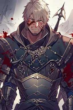 Armored male Knight by webtoon style there are lightning and blood spurts around the man his face pointed at the camera and with a serious look he lets his opponent know that it's his turn