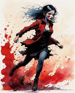 Petit girl goth, run pose, fullbody, splashes blood, behind guts rising from the ground, watercolor illustration by Bill Sienkiewicz and Jean Giraud Moebius, darkred tones,