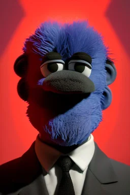 Waist up muppet Portrait, Vladimir Putin as muppet doll, Black suit, photo studio, blue background, unreal engine 5, concept art, art station, god lights, ray tracing, RTX, lumen lighting, ultra detail, volumetric lighting, 3d.