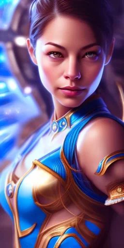 kristin kreuk face, street fighter blue chun li clothes, portrait busty and face, wearing blue dress, light effects, particles,