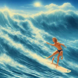 1980's aesthetic vaporwave surfer on waves with palm trees