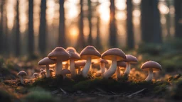 mushroom feast in the forest,sunset, low light, close-up, blurred background