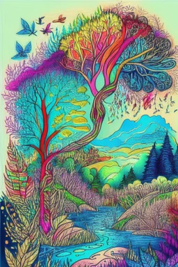 Nature doodle drawing, vivid colors