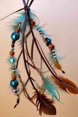 feathers and beads on leather string moving in the wind, warm colors, sharper details, fantastic
