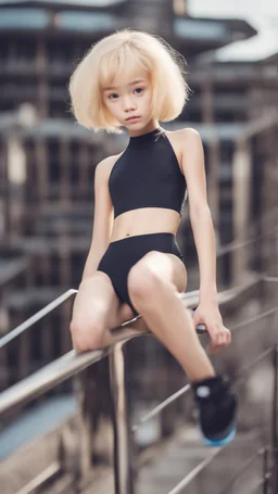 beautiful anorexic asian girl, total shot, shiny triathlon swimsuit, short blond wavy bob hair, blurred city background