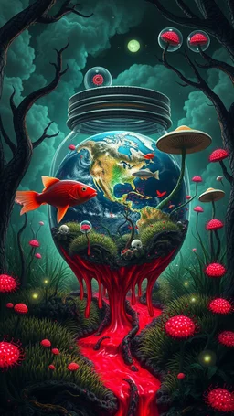 Quintessential Horror Surrealism:A cyber-a planet Earth in a jar catastrophic dimensional fission through Seedream 3D recursive rendering, clouds , fracturing into chaos Legion Doodle simultaneous nightmare realities while simultaneously occupying four perforated reality levels—manifests as a blood-drenched forest where fish weep crimson sap and bioluminescent fungi pulse with recursive Fibonacci patterns, surrounded by carnivorous grass with fanged mouths dripping neon venom; mat