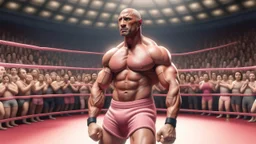 Highly detailed wide shot of Dwayne Johnson posing in a boxing ring, realistic, muscles, buff, flexing, pink, skirt, dress, eyebrows, large crowd