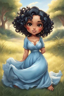 An airbrushed chibi black cartoon of a curvaceous woman with flowing of curly twisted of black hair that's highly detailed, wearing a light blue maxi dress. She sits relaxed on the grass facing the warm sunlight, which illuminates her face as she looks to the side with a small smile, accentuating her prominent makeup and brown eyes.