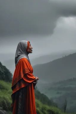 Wanita Indonesia berdiri di tepi bukit saat hujan deras sendiri menatap langit