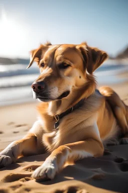 Retrato de um cachorro tomando sol na praia
