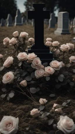 A grave in a field full of roses. Above the grave is a white lace scarf and a gun.cinematic