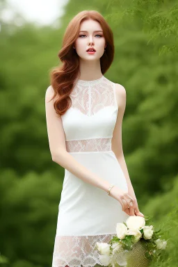 full shot body of Woman portrait with fairly pale skin , green eyes, long auburn hair, and wearing a pretty lace dress . Her outfit is a sexy dress , nice sport shoes. country side ,small lake with a house in side a lux car,