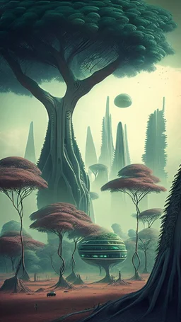 alien landscape with trees and buildings