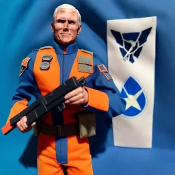 a large pile of Mike Pence G.I. Joe toy Doll spaceforce uniform, orange blue fabric, guns, wall packaging for sale, bright pricetag, finger, empty box