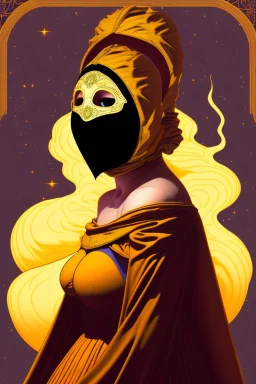 Planet Venus portrayed as a masked woman wearing medieval robes, her mask is smooth and beautiful, her sihlouette is engulfed in sulfuric vapor and translucid fire