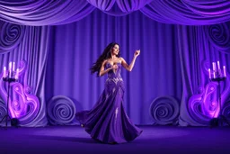 modern stage with gray-dark purple blueish violet theme artistic decoration , color full dynamic lighting, a beautiful lady in maxi dress with shining silver jewels ,curvy long hair,dancing, 3D recursive fractal structure animating background