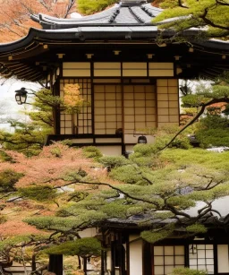 Japanese tea house in outer space with a nebula backdrop and otherworldly trees