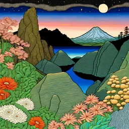 Colourful, peaceful, Hiroshige, Henri Rousseau, night sky filled with galaxies and stars, rock formations with fossils, flowers, one-line drawing, sharp focus, 8k, deep 3d field, intricate, ornate