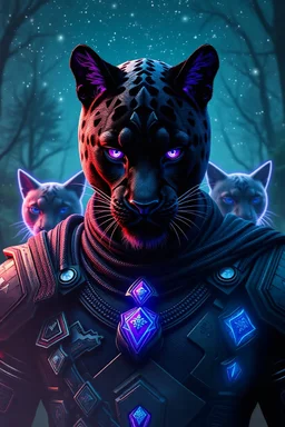 Crie uma obra hiper-realista de um guerreiro enigmático inspirado em uma pantera negra mística. Ele veste uma armadura escura, orgânica e tecnológica, com detalhes luminosos em roxo e azul. Seus olhos brilham intensamente, refletindo sabedoria e força ancestral. O cenário é uma floresta futurista sob um céu estrelado com névoa etérea. Atrás dele, formas felinas feitas de energia o acompanham como guardiões espirituais. Atmosfera cinematográfica, iluminação dramática, com um leve brilho cósmico