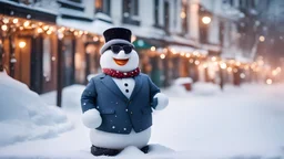 Funny smiling Snowman with sunglasses, dressed in a business suit, stands on a snowy street. Christmas and New Year funny concept.