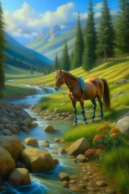 walking in mountains by stream, horse caterpillar, prize winning oil painting,book cover illustration