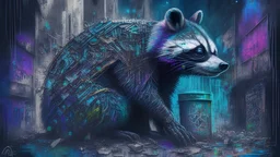 Graffiti trash panda; neo-surrealism dystopian eldritch elegant fantastical intricate hyperdetailed holographic magnificent meticulous mysterious ominous