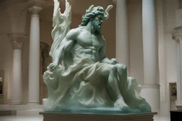 film still, a handsome blown glass statue of Poseidon sits on a stone in museum gallery, soft light, Cecil B. DeMille movie