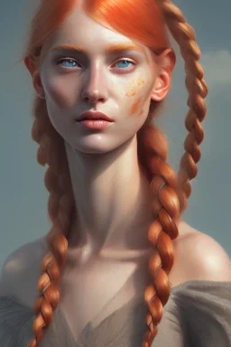 Woman, corpo big, beautiful, orange hair, two braids, bangs, rossi eyes, big eyes, freckles, long eyelashes, Frozen, 8k resolution concept art by Greg Rutkowski