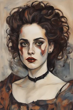 Painting of Helena Bonham Carter as a Goth vampire girl, in the Expressionist style of Egon Schiele, Oskar Kokoschka, and Franz Marc, in muted natural colors