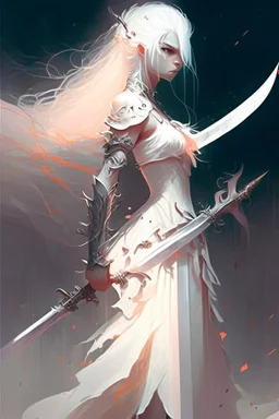 Warrior, wielding a long sword, in a white dress, white hair, shortt hair, cybernetic eyes, standing in mists, Female, dark art, Ivory Peach skin, cute