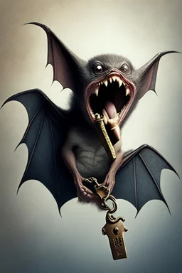 flying bat holding a key in mouth