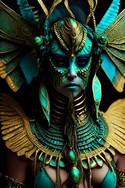 Extremely beautiful ancient voidcore shamanism Egyiptian Scarabeus insect headdre woman adorned with ancient egyiptian Scarabeus wings ribbed with turquoise and gold colour gradient mineral stone beads, wings are metallic voidcore shamanism style lace chain effected extremely textured delicate details. Wearing ancient voidcore shamanism gold and turquoise colour ancient Egyiptian costume embossed hierogliphs texts on the costume armour organic bio spinal ribbed detail of Egyiptian woman portrai