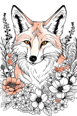 portrait of fox and background fill with flowers on white paper with black outline only