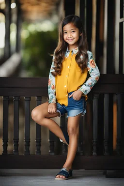 Little 8 years old 1girl wearing a pretty shirt and jean pant, standing pose