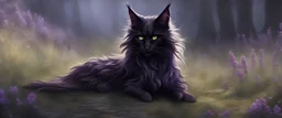 Black female maine coon humanoid Cat, very very very very long fur, purple eyes, light leather armor, tall, elegant, classy, sexy, warrior with claws