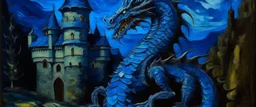 A dark blue dragon guarding a castle painted by Vincent van Gogh