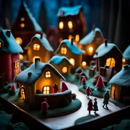 A fairytale village made of cake-frosting and felt, people walking inside it, high contrasts, frame, extreme detailed, movie shot, volumetric light, rich moody colors, noon-light, nightmare, bokeh, also something else, orero dream, Max Ernst style