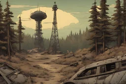 , radio tower, cinematic,post-apocalypse, comic book, forest