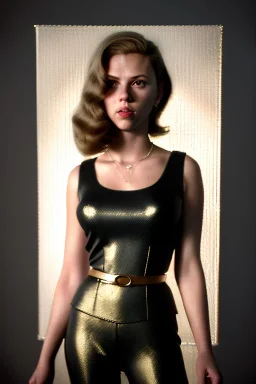 retro portrait image from 1960, supermarket parking explosion, long hair, young Scarlett Johansson, classic black tight lycra suit, gold bracelet and belt, high heel boots, soft color, highly detailed, unreal engine 5, ray tracing, RTX, lumen lighting, ultra detail, volumetric lighting, 3d, finely drawn, high definition, high resolution.