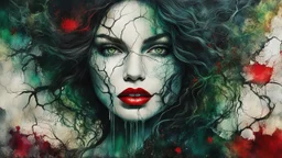 old worn torn, multi-layered cracked canvas, fine detailing with alcohol ink, Captivating realistic painting of a WOMAN, fair face, red lips, splashes of color, HORNS, FANGS, BLOODY TEARS, Multiple exposure, fluffiness, her face is illuminated, her hair merges with swirling fractal vines and tree roots, dark green foliage, symbolizing the unity of strength and wild nature. Flowing hair dissolves into intricate, endless patterns, as if they are protectors and part of the same organic force. Moon